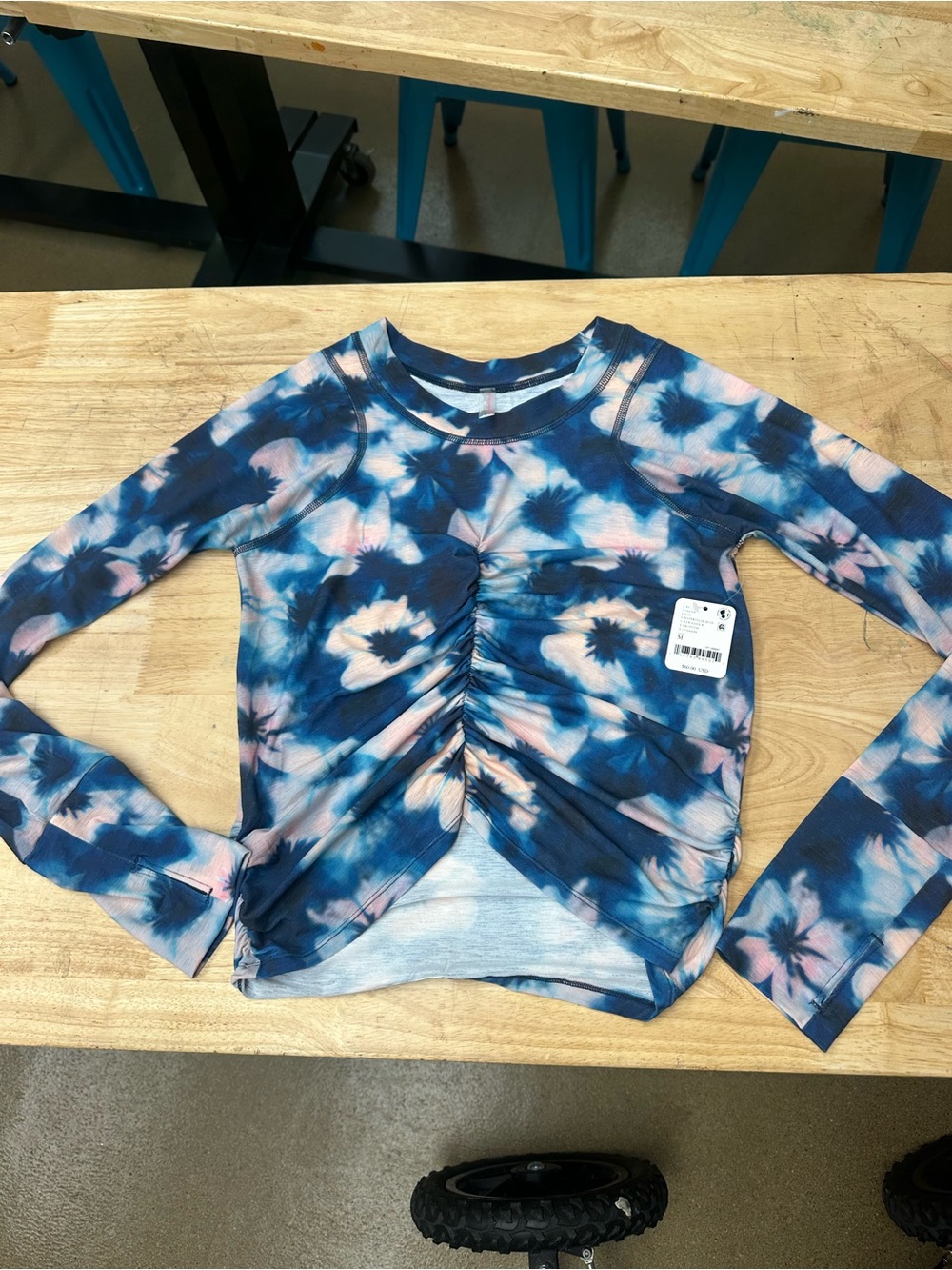 Free People Tie-Dye Ruched Long Sleeve Top - Blue & Pink